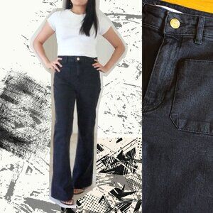 Vintage Rocker 70s Style Black Denim Bootcut Flare Jeans with Gold accent button